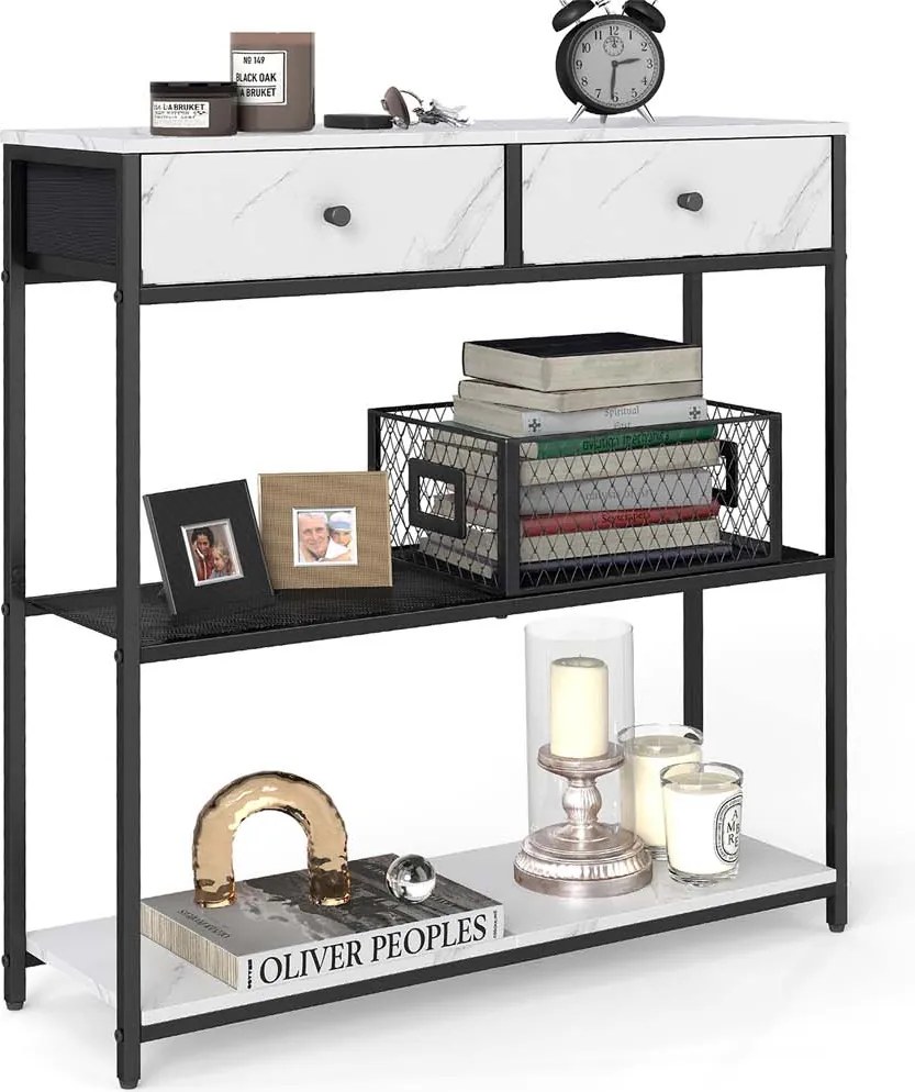 Mesa consola estreita com duas gavetas em tecido 24 x 76 x 80 cm Branco + Preto