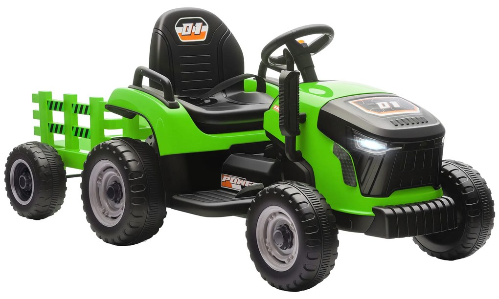 AIYAPLAY Trator Elétrico para Crianças com Reboque Desmontável Bateria 12V Velocidade 3-5 km/h Controle Remoto 2,4G Música Buzina para Crianças de 3-8 Anos 139x58x55 cm Verde