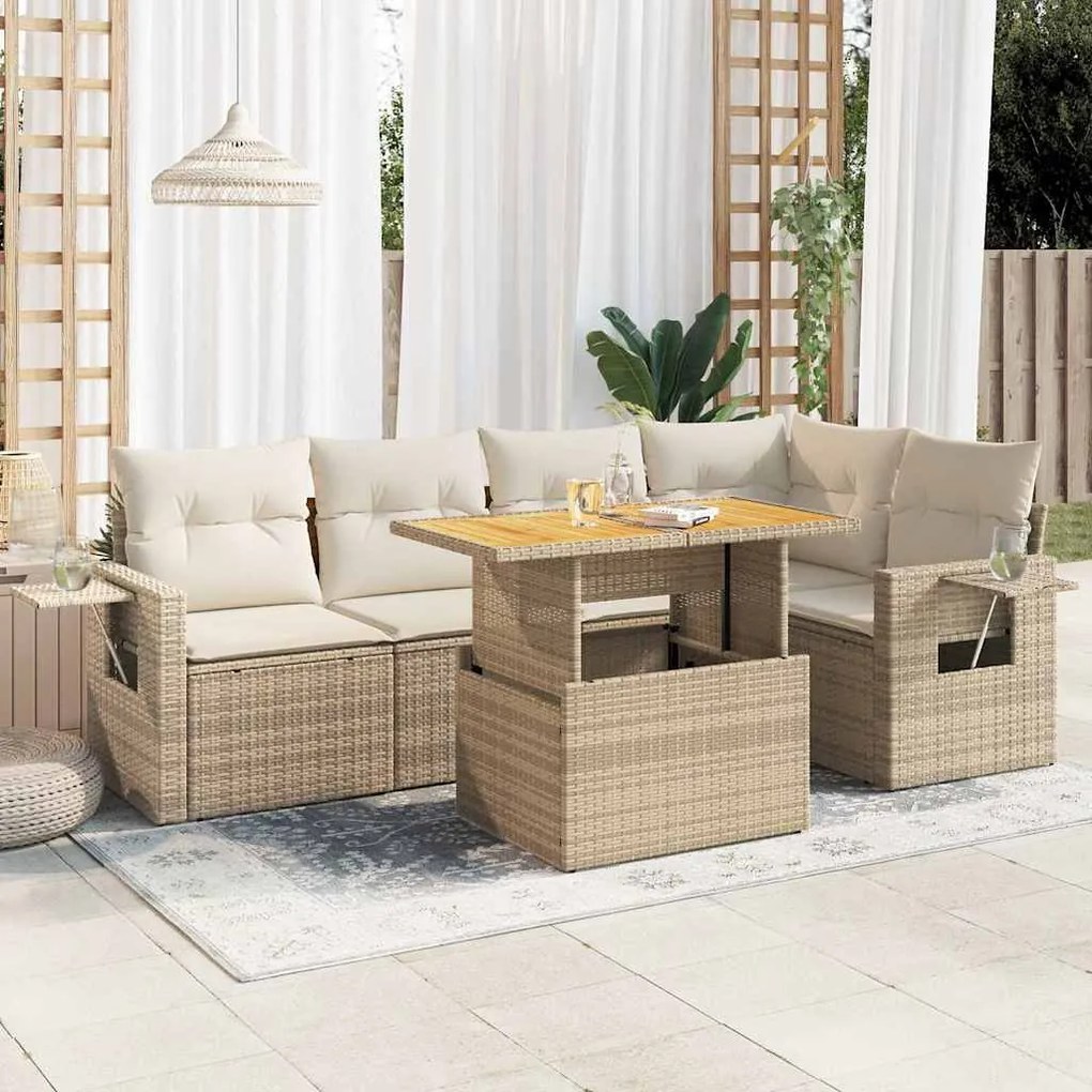 vidaXL 6 pcs conjunto de sofás p/ jardim com almofadões vime PE bege