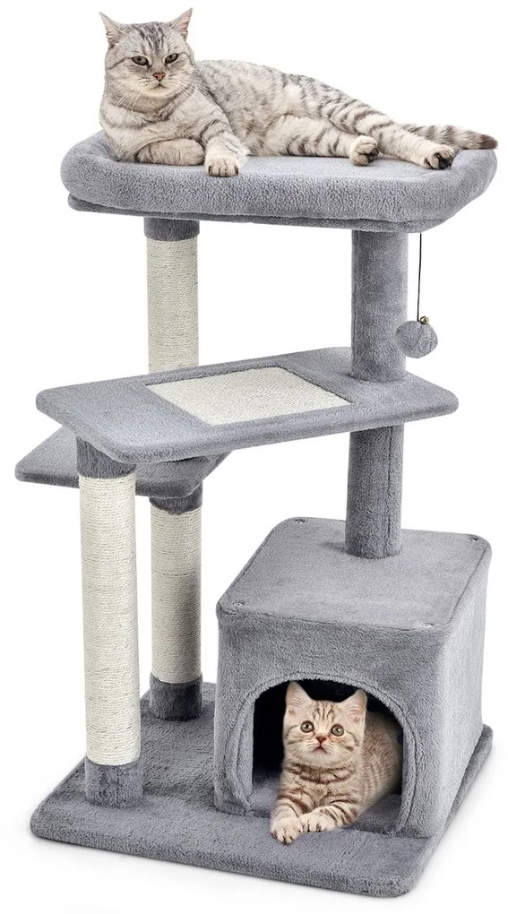 Arranhador para gatos de 4 camadas com postes para arranhar Plataforma superior de pelúcia Árvore de atividades internas 63 x 56,5 x 85 cm cinza
