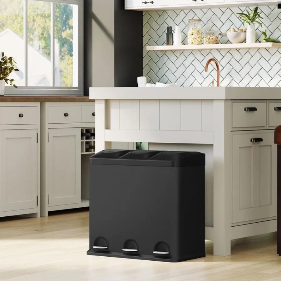Caixote do lixo para a cozinha com 3 compartimentos 60,4 x 30 x 56,3 cm Preto