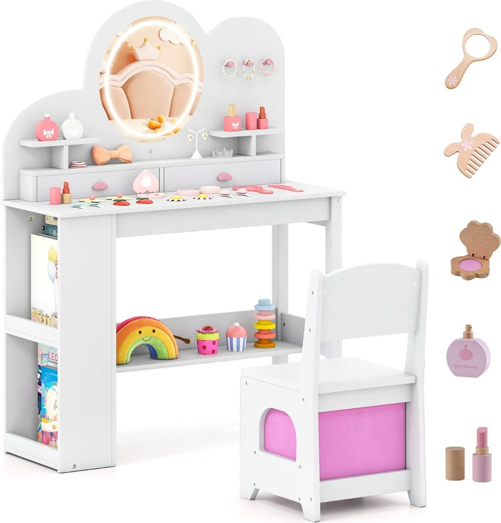 Toucador infantil com luzes e cadeira de princesa com 2 gavetas e Estante de 2 níveis, 3 ganchos e 2 prateleiras abertas Branco