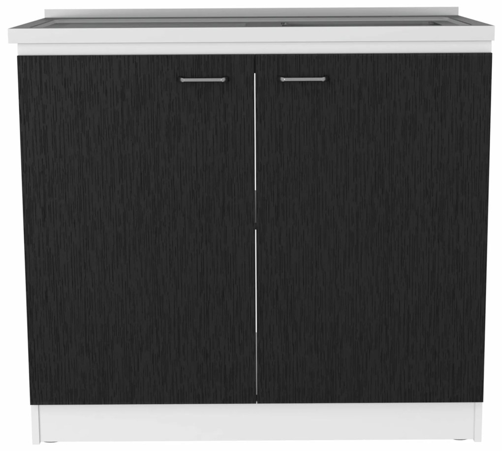 Móvel de cozinha com lava-louças e bancada de alumínio e prateleiras internas, 90cm a x 52,5 cm p x 100cm L, branco/preto