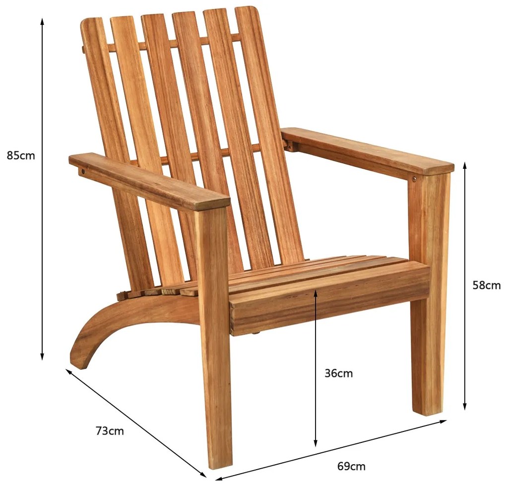 Cadeira de jardim ergonómica de madeira de acácia Adirondack com braços Jardim Piscina Terraço Piscina 69 x 73 x 85 cm Natural