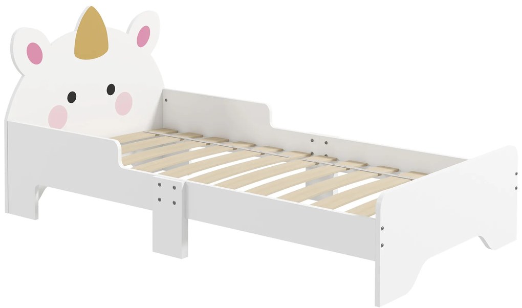 ZONEKIZ Cama para Crianças de 3-6 Anos 143x74x67 cm Cama Infantil de Madeira em Forma de Unicornio Branco