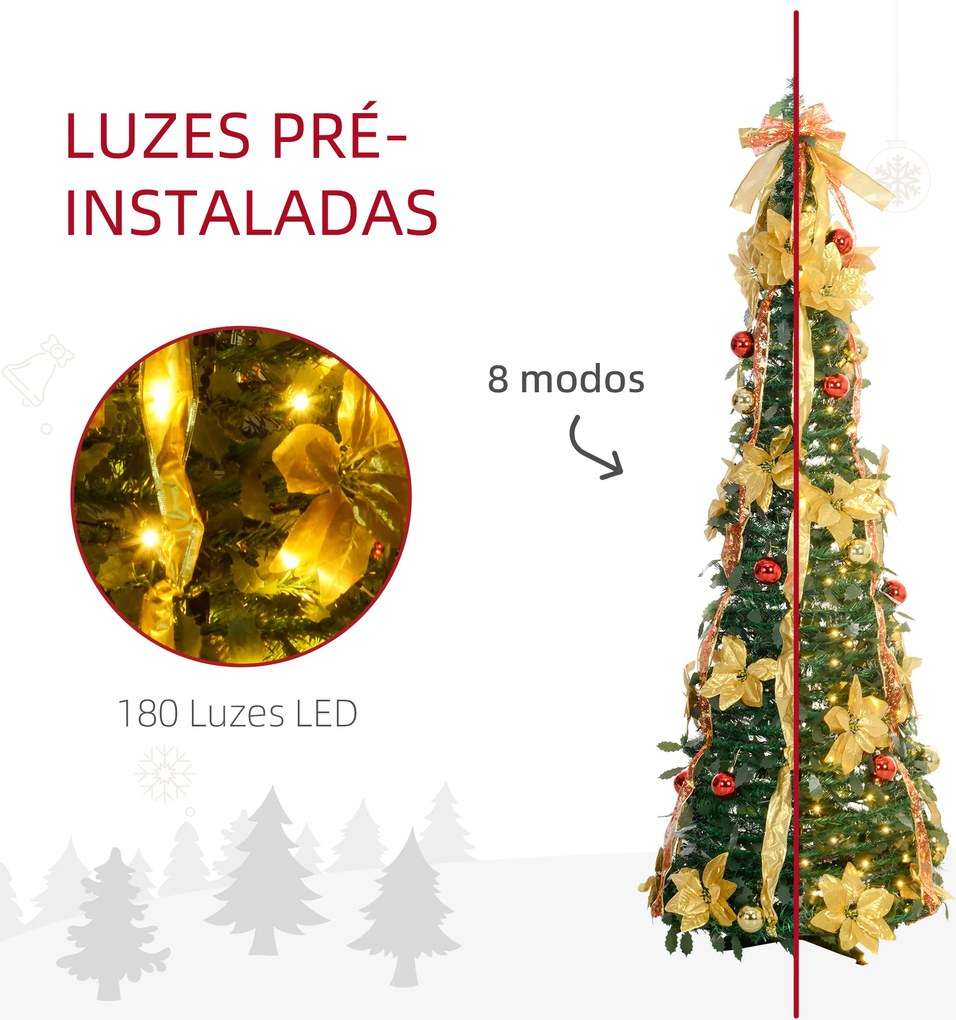 Árvore de Natal Dobrável 180 cm Árvore de Natal Artificial com Luzes LED e Decorações Pré-Instaladas  Ø60x180 cm Verde