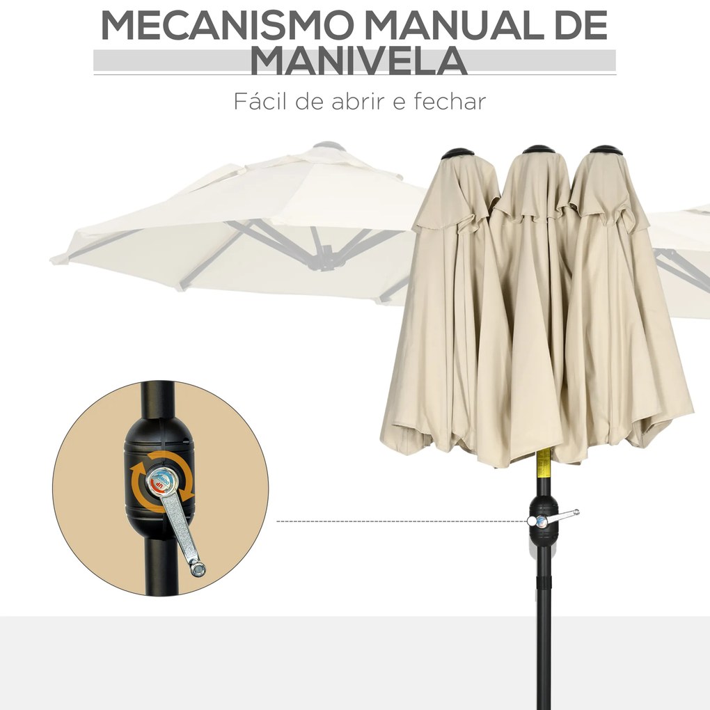 Chapéu de Sol Duplo Chapéu de Sol de Jardim com Inclinação de 45° Manivela Estrutura de Aço 295x152x222 cm Cáqui