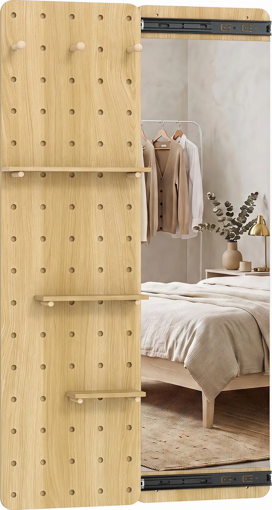 Espelho de Corpo Inteiro com Painel Perfurado, 80 x 14 x 140 cm, Arrumação Integrada, Natural