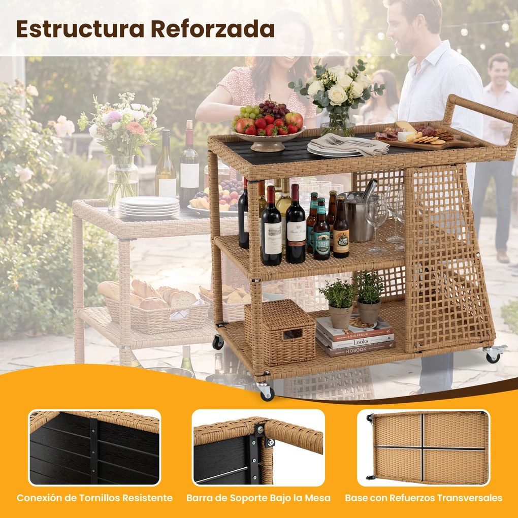 Carrinho cozinha de 3 níveis em rattan PE com rodas bloqueáveis, prateleiras abertas, pega lateral e mesa auxiliar móvel para jardim, pátio ou terraço