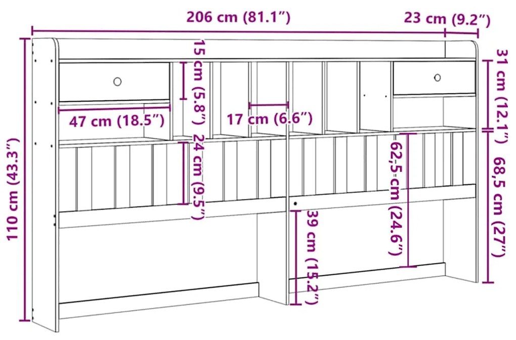Cabeceira com arrumação 200 cm pinho maciço castanho-mel
