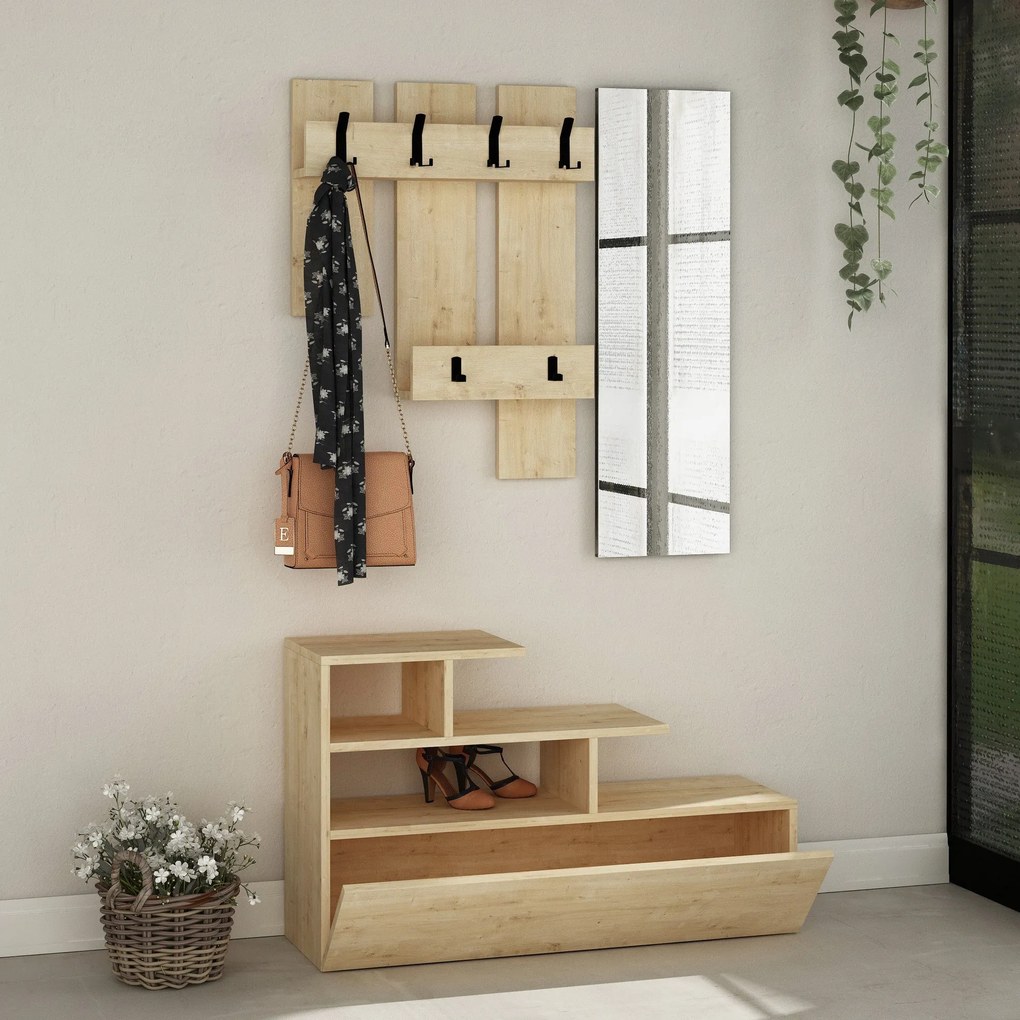Hall Stand Vesty – Carvalho – Sapateira 100 cm x 61 cm x 30 cm, Espelh