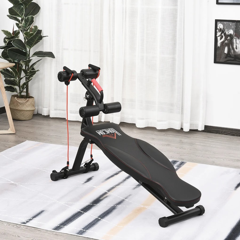 HOMCOM Banco de Abdominais Dobrável com Altura Ajustável 4 Ângulos Suporte para Pernas Ergonómico Multifuncional Banco de Exercícios 44,5x143x84-92 cm Preto