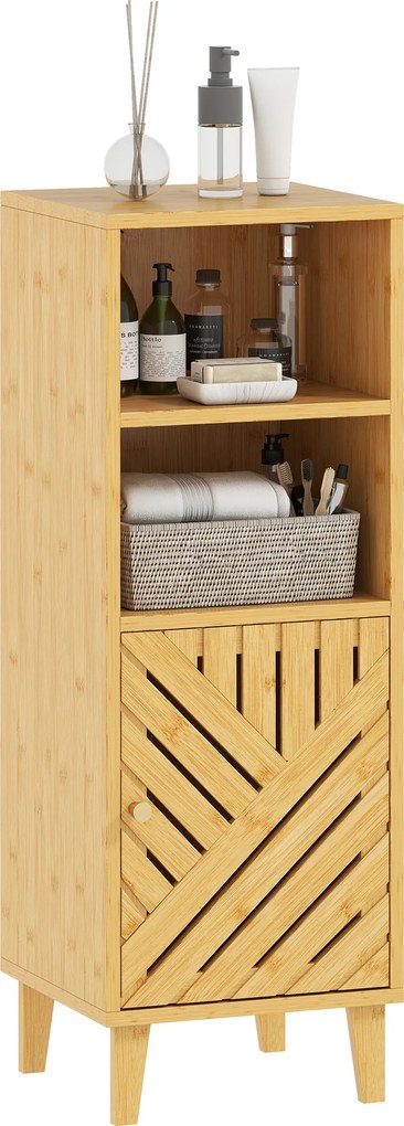Armário de Casa de Banho Estreito Móvel Auxiliar de Casa de Banho 32x30x90 cm com 2 Prateleiras Abertas e Pés de Bambu Madeira