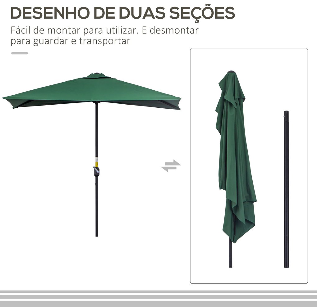 Chapéu de Sol Semicircular 230x130x245 cm Chapéu de Sol para Parede com Manivela Proteção UV 30+ e Mastro Metálica Ø38 mm Verde