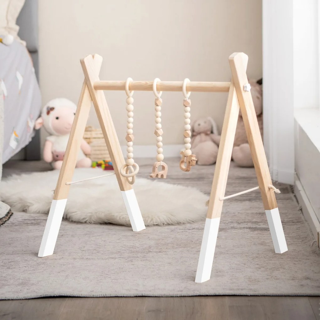 Ginásio para bebés com brinquedos para dentição Desenvolvimento cerebral dobrável em madeira para crianças +3 meses 62 x 45 x 60 cm Branco
