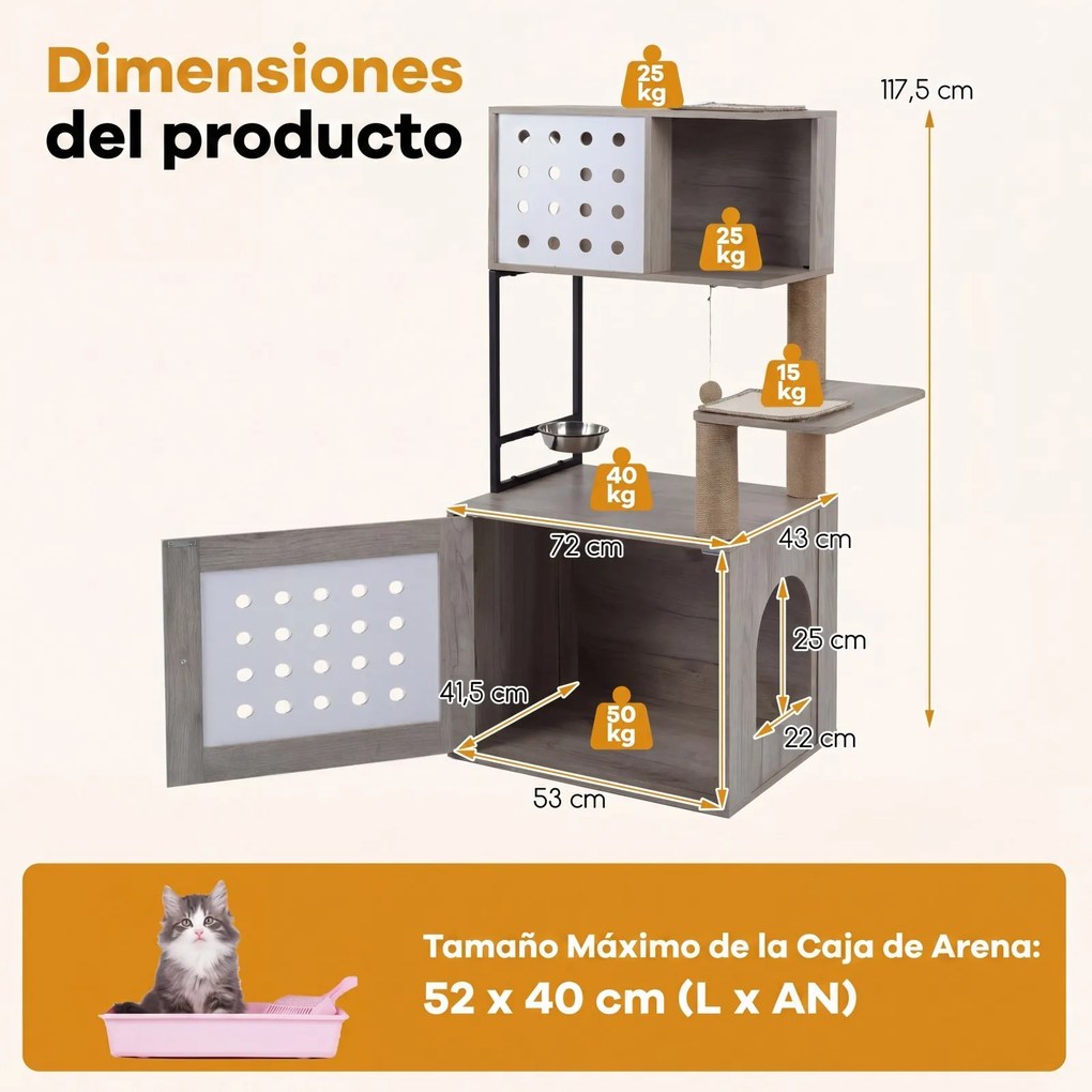 Arranhador para gatos 3 em 1  com vários níveis 72 x 43 x 117,5 cm, postes de sisal, condomínio, zona de refeições, bola suspensa, recinto e caixa de