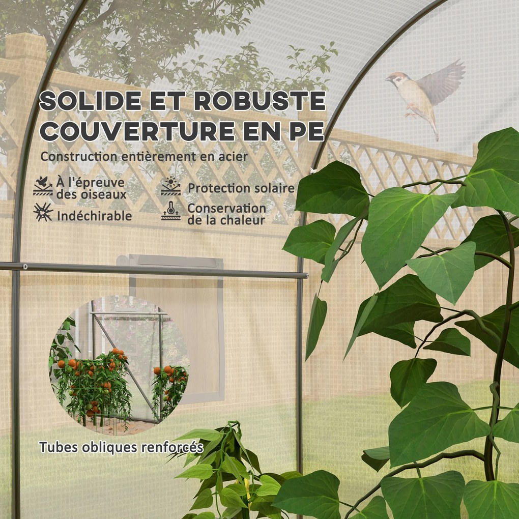 Estufa de jardim tipo túnel, dimensões: 3,5 m (L) x 3 m (C) x 2 m (A). Porta + 6 janelas enroláveis. Aço galvanizado e lona de PE de alta densidade, b