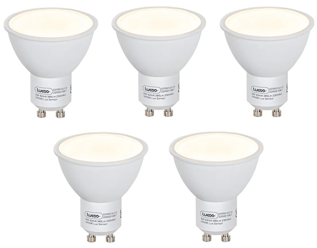 Conjunto de 5 lâmpadas LED GU10 com sensor crepuscular 5W 380lm 3000K