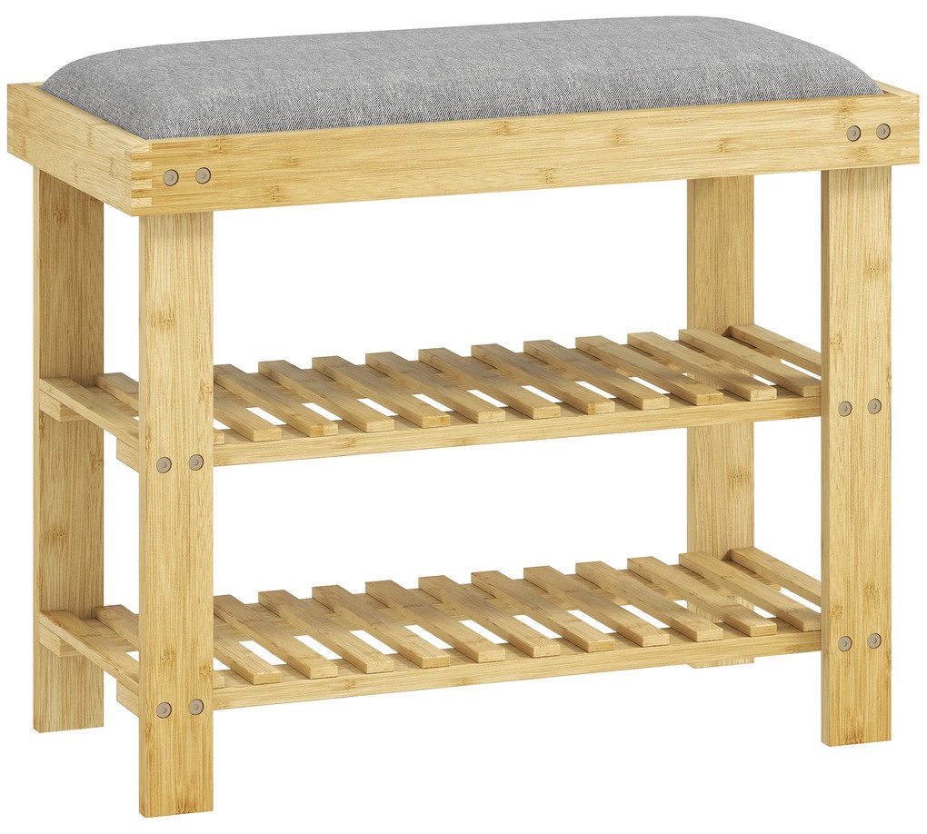 Banco Sapateira de Bambu Sapateira com Assento Almofadado 2 Prateleiras para 6 Pares de Sapatos 60x29x49 cm Madeira e Cinzento