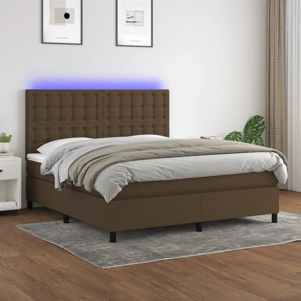 Cama box spring c/ colchão/LED 160x200cm tecido castanho-escuro