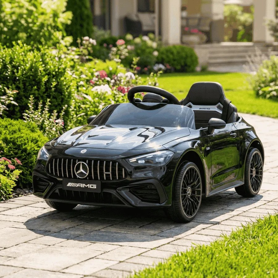 Carro elétrico para crianças Mercedes CLE 12V bateria de lítio, luzes LED, comando remoto de 2,4 GHz, ligação Bluetooth, licença ORIGINAL Preto