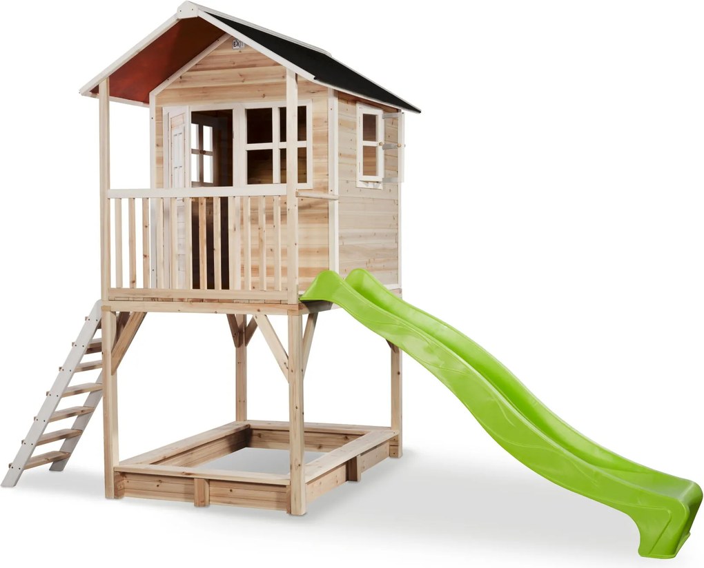 Casa de brincar infantil exterior para crianças Loft 700 em madeira com escorrega e caixa areia - Natural