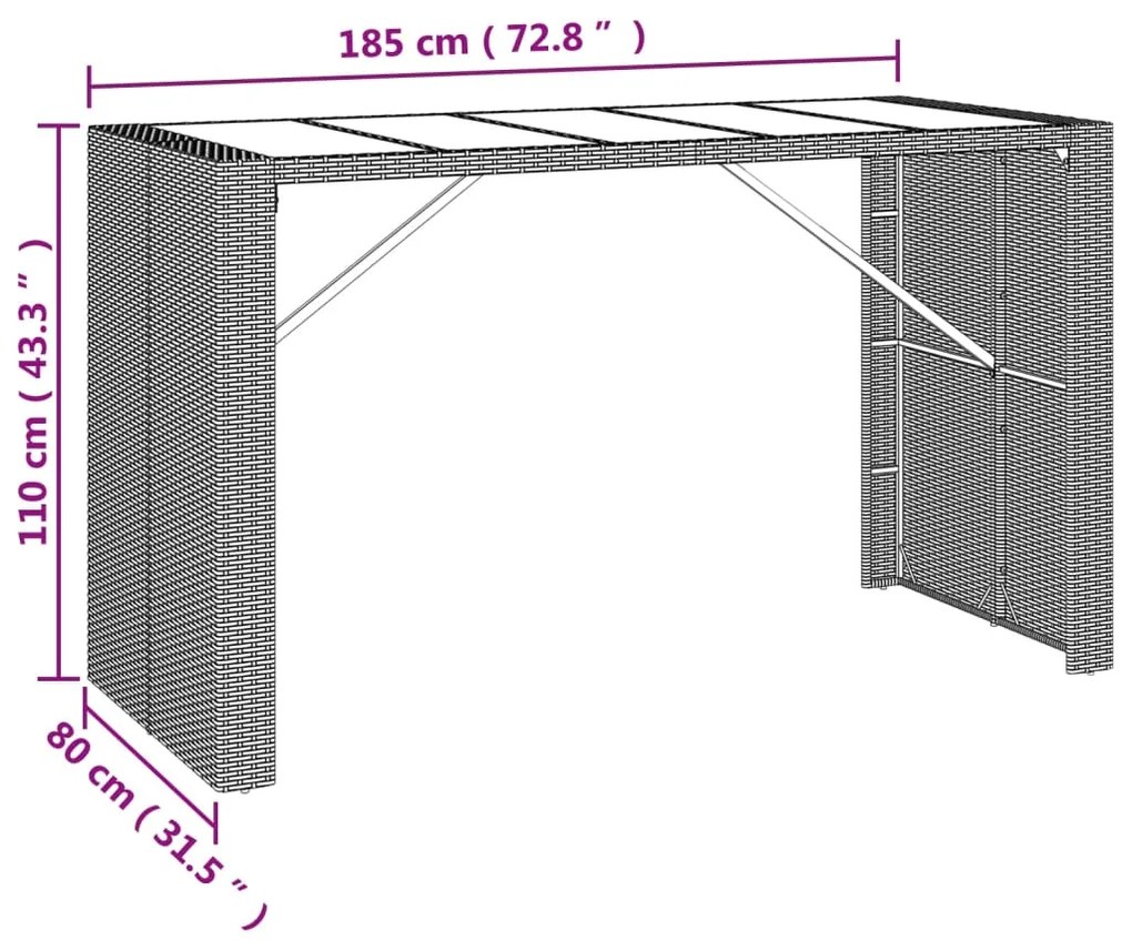 Mesa de bar com tampo de vidro 185x80x110 cm vime PE preto