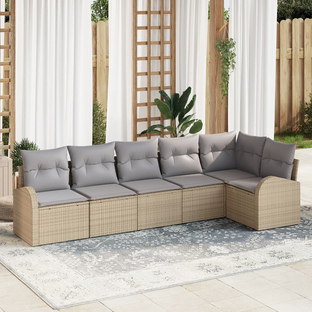 Conjunto de Sofá de Jardim de 6 Peças com Almofadas Bege de Rattan Poliéster