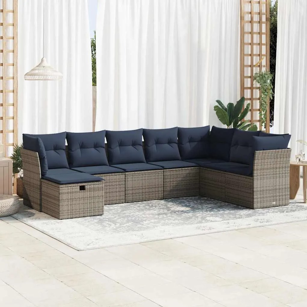 8 pcs conjunto sofás de jardim c/ almofadões vime PE cinzento