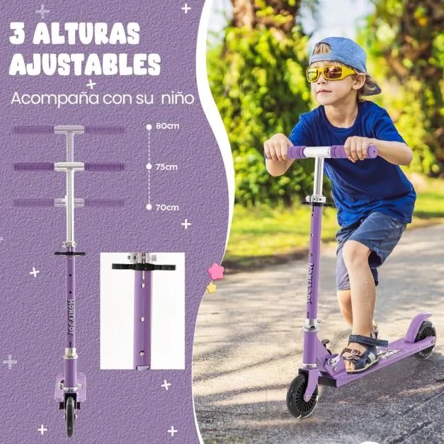 Trotinete dobrável para crianças com 2 rodas intermitentes Guiador ajustável Sistema de travão traseiro Roxo