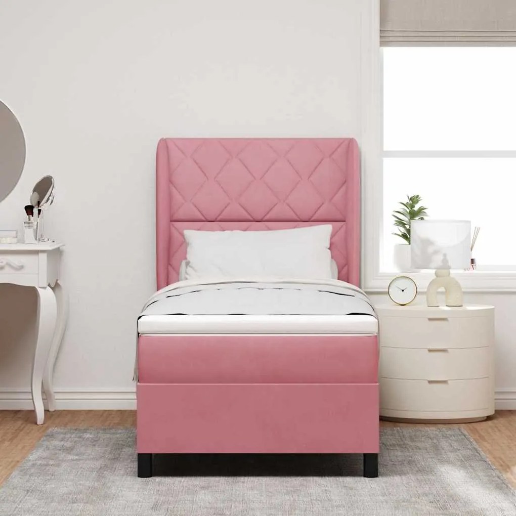 Cama Box com Colchão Rosa, 90x190 cm, Veludo