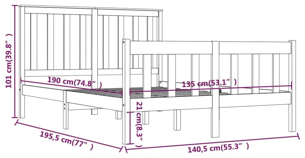 Estrutura de cama casal 135x190 cm pinho maciço