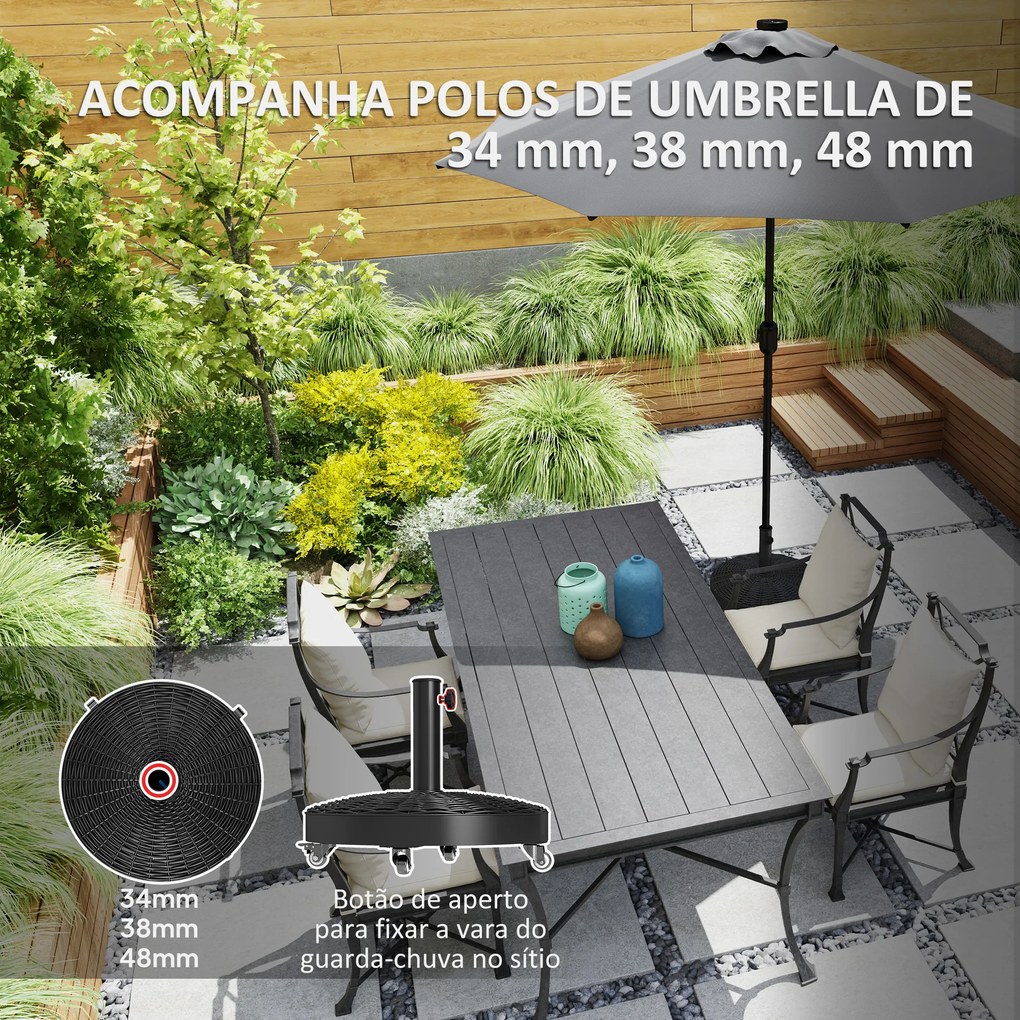 Base para Chapéu de Sol Redonda Suporte para Chapéu de Sol com Rodas Peso 25 kg para Jardim Terraço Ø52x42 cm Preto