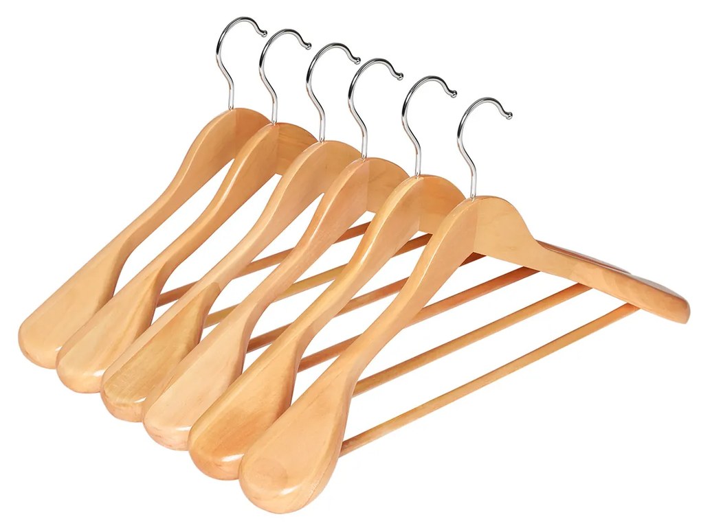 Cabides de terno SONGMICS, conjunto de 6, cabides com contornos de madeira maciça com ombros extra largos, antiderrapantes para roupas, camisas, casacos, jaquetas, calças, calças, gancho giratório de 360°, cor natural CRSH06NL