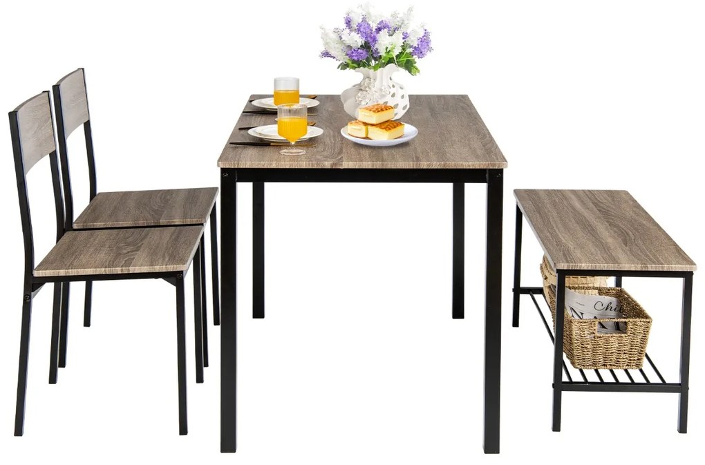 Conjunto de mesa de cozinha com 2 cadeiras e 1 banco Estrutura metálica e estante Cinzento