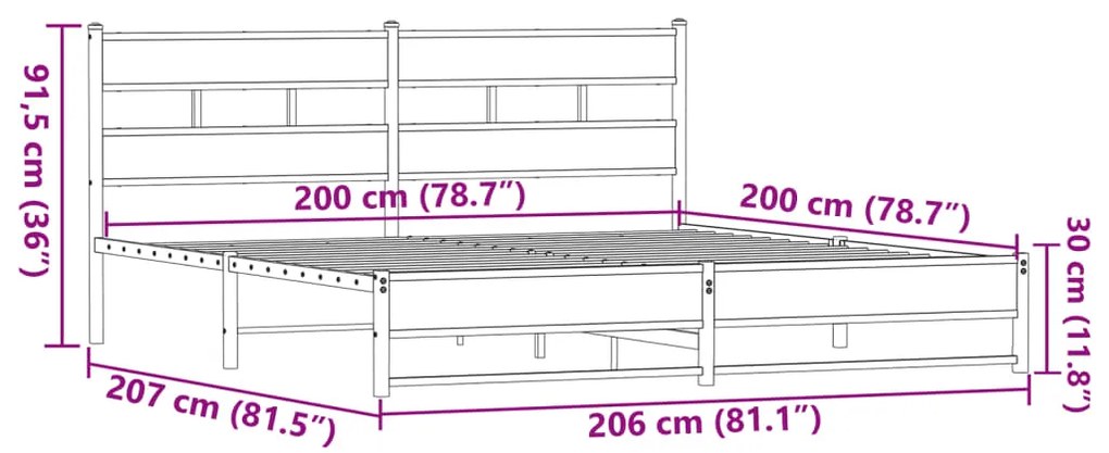 Estrutura cama sem colchão 200x200cm metal carvalho castanho