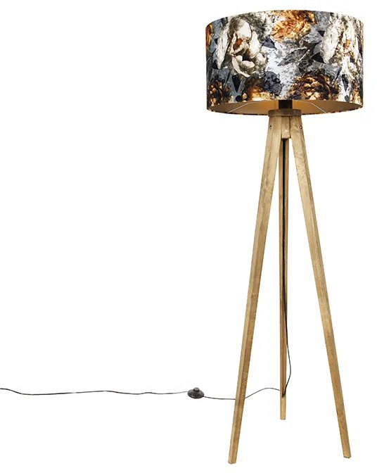 Candeeiro de pé vintage com abajur em madeira e design floral 50 cm - Tripod Classic Clássico / Antigo