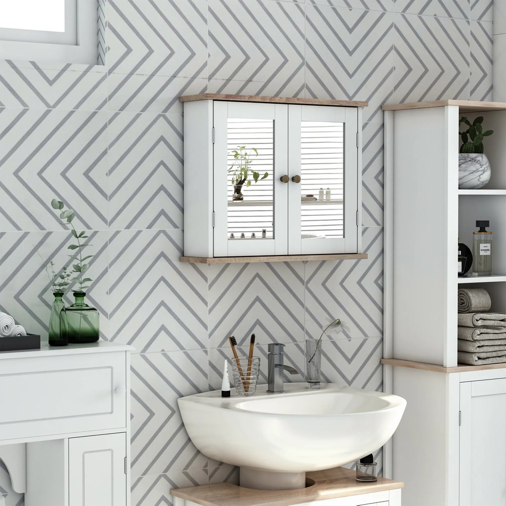 Kleankin Armário de banheiro montado na parede com espelho 2 portas Prateleira ajustável em 3 posições 56x14x46 cm Branco
