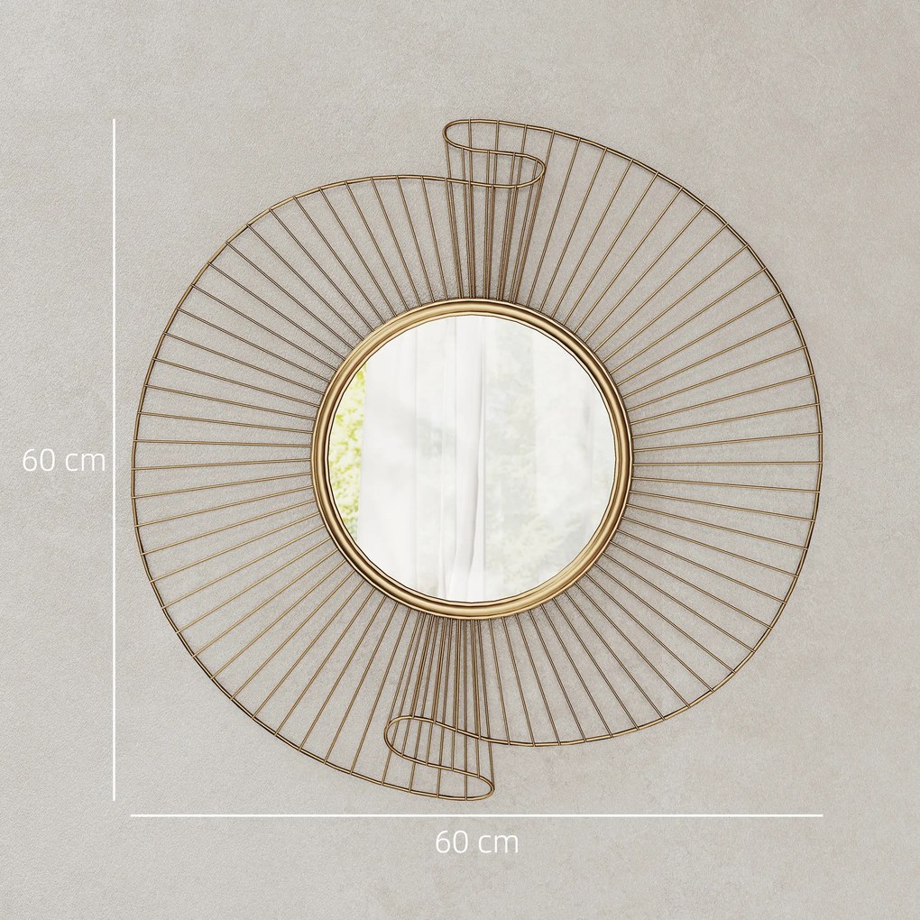 Espelho decorativo redondo de 60 cm com fixação de 360°, decoração de parede moderna em metal com detalhes plissados, dourado