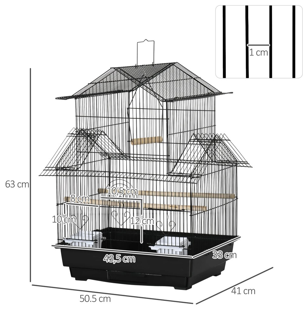 Gaiola para Pássaros de Metal com Bandeja Amovível 2 Comedouros e Poleiros 50,5x41x63cm Preto