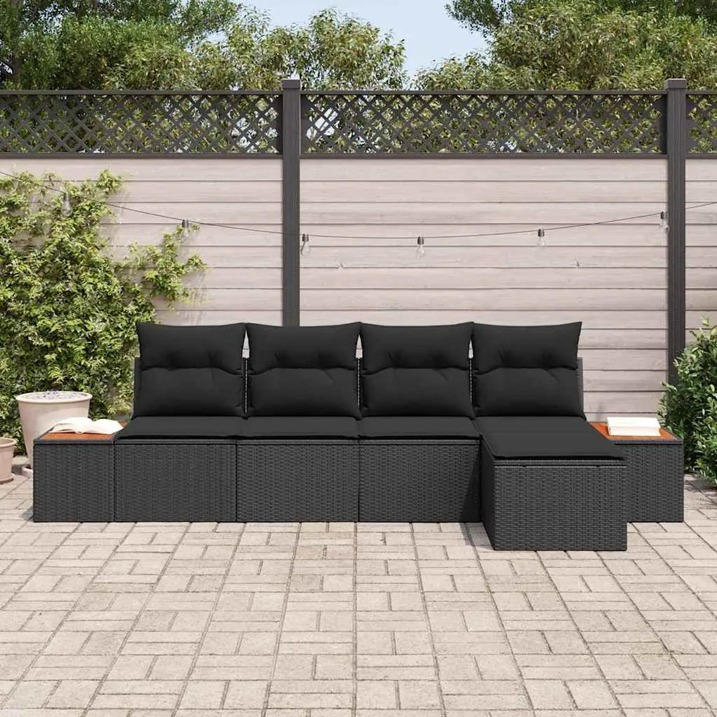 Conjunto de Sofá de Jardim de 5 Peças com Almofadas Pretas em Rattan d