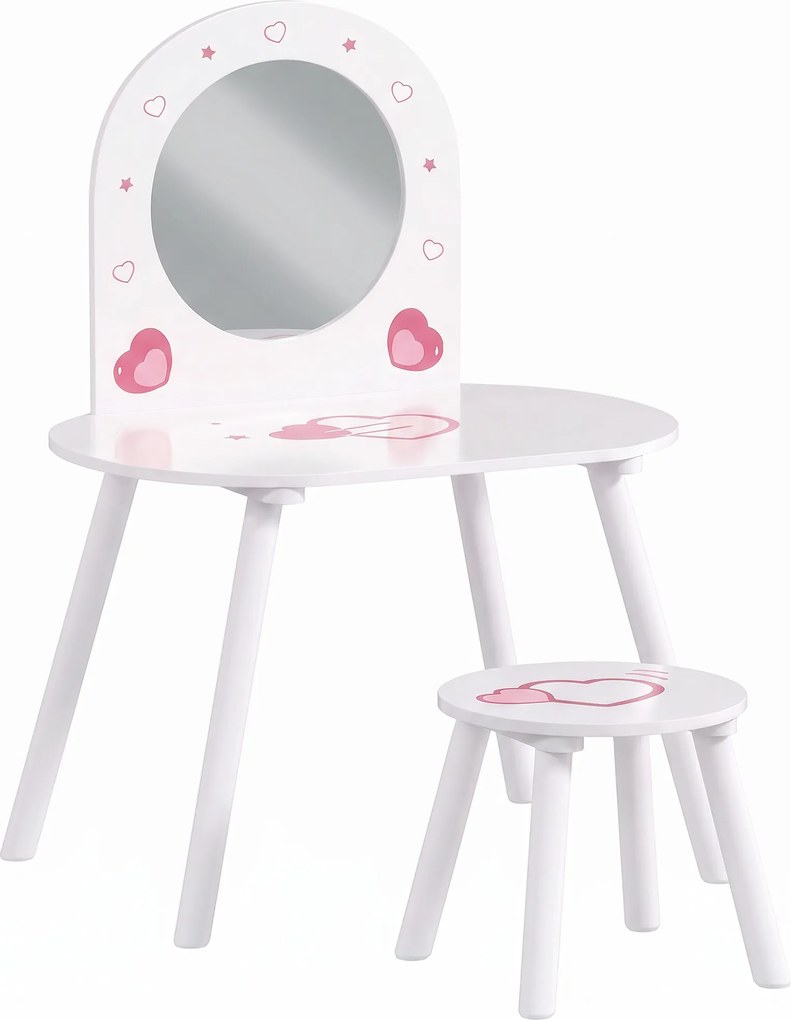 AIYAPLAY Penteadeira Infantil com Banco e Espelho, para Meninas, com Desenhos de Corações, para Crianças de 3-6 Anos, Branca | Aosom Portugal