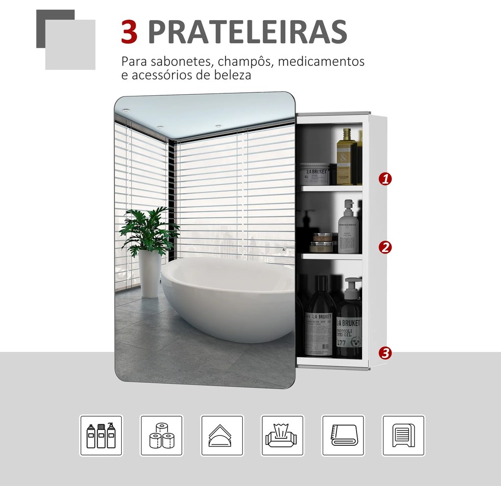 kleankin Armário de Casa de Banho com Espelho Móvel Auxiliar de Parede com Porta de Correr e 3 Prateleiras de Armazenamento para Sala de Estar Cozinha Dormitório 46x12x66cm Prata