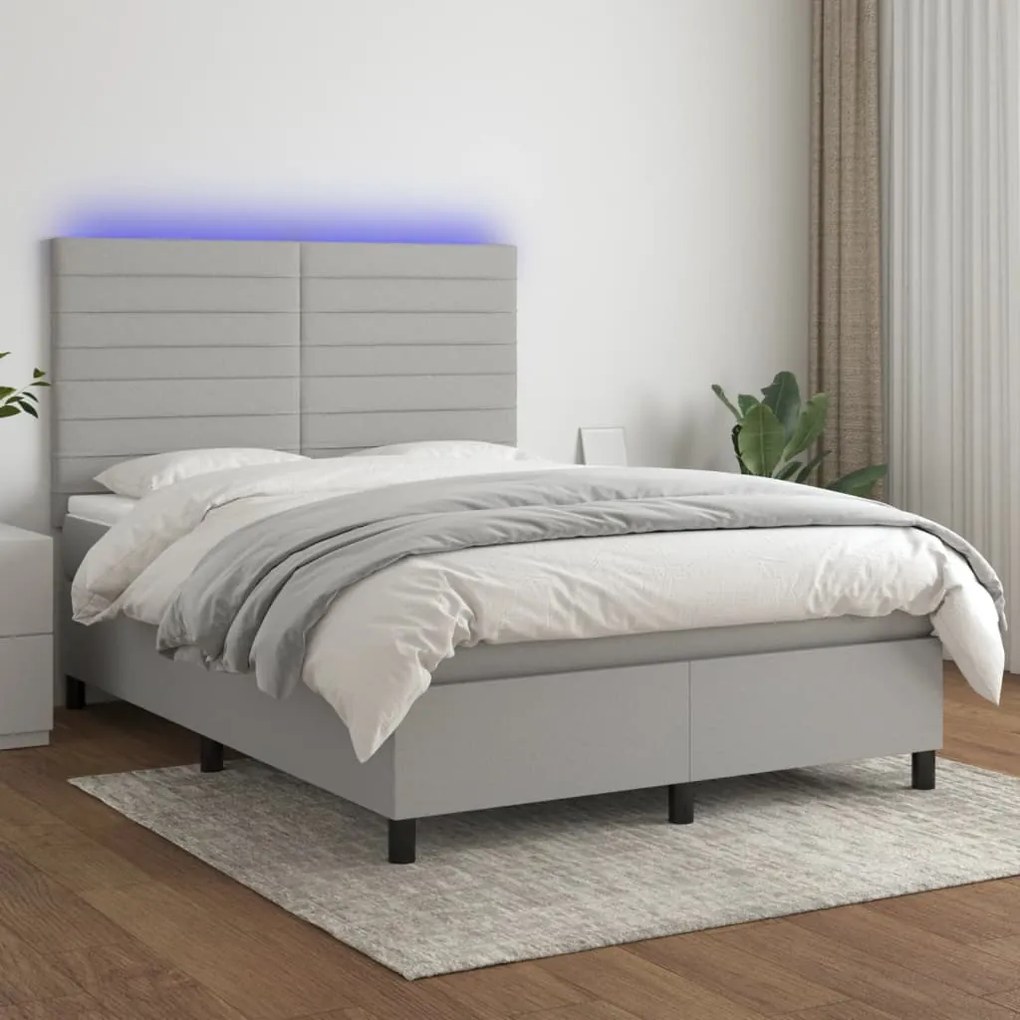 Cama box spring c/ colchão e LED 140x190 cm tecido cinza-claro