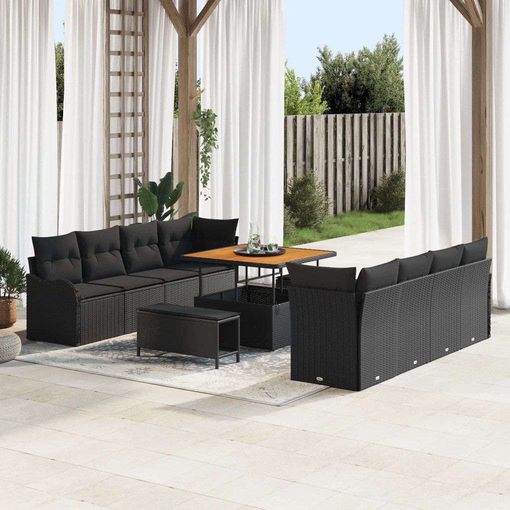 Conjunto de Sofá de Jardim vidaXL 11 Peças com Almofadas Preto Rattan