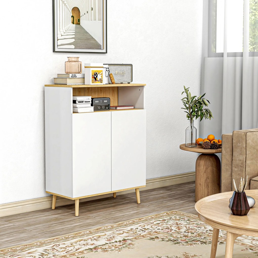 Móvel de arrumação tipo aparador escandinavo com 2 portas e prateleira interior 80 x 38 x 102 cm, branco com acabamento em imitação de madeira