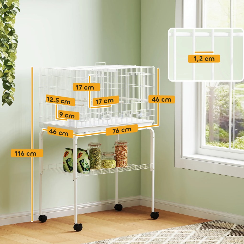 Gaiola para Pássaros com Divisória Rodas Gaiola para Aves com Comedouros Poleiros e Bandeja Removível 76x46x116 cm Branco