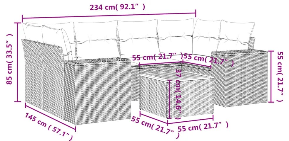 7 pcs conjunto sofás p/ jardim c/ almofadões vime PE cinzento