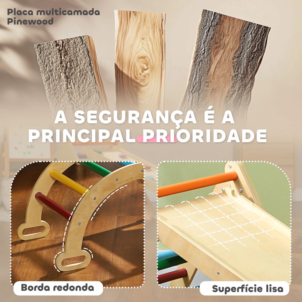 Triângulo de Escalada de Madeira 5 em 1 Escada para Crianças de 18-48 Meses com Rampa e Arco de Escalada 178x64,5x63 cm Multicor