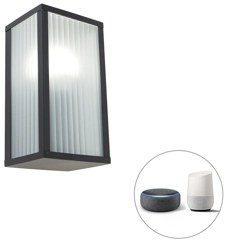 LED Candeeiro de parede exterior inteligente preto com vidro canelado incl. Wifi A60 - Charlois Moderno